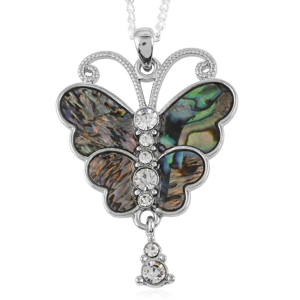 Abalone Shell and Austrian Crystal Butterfly Pendant Necklace 18 Inches